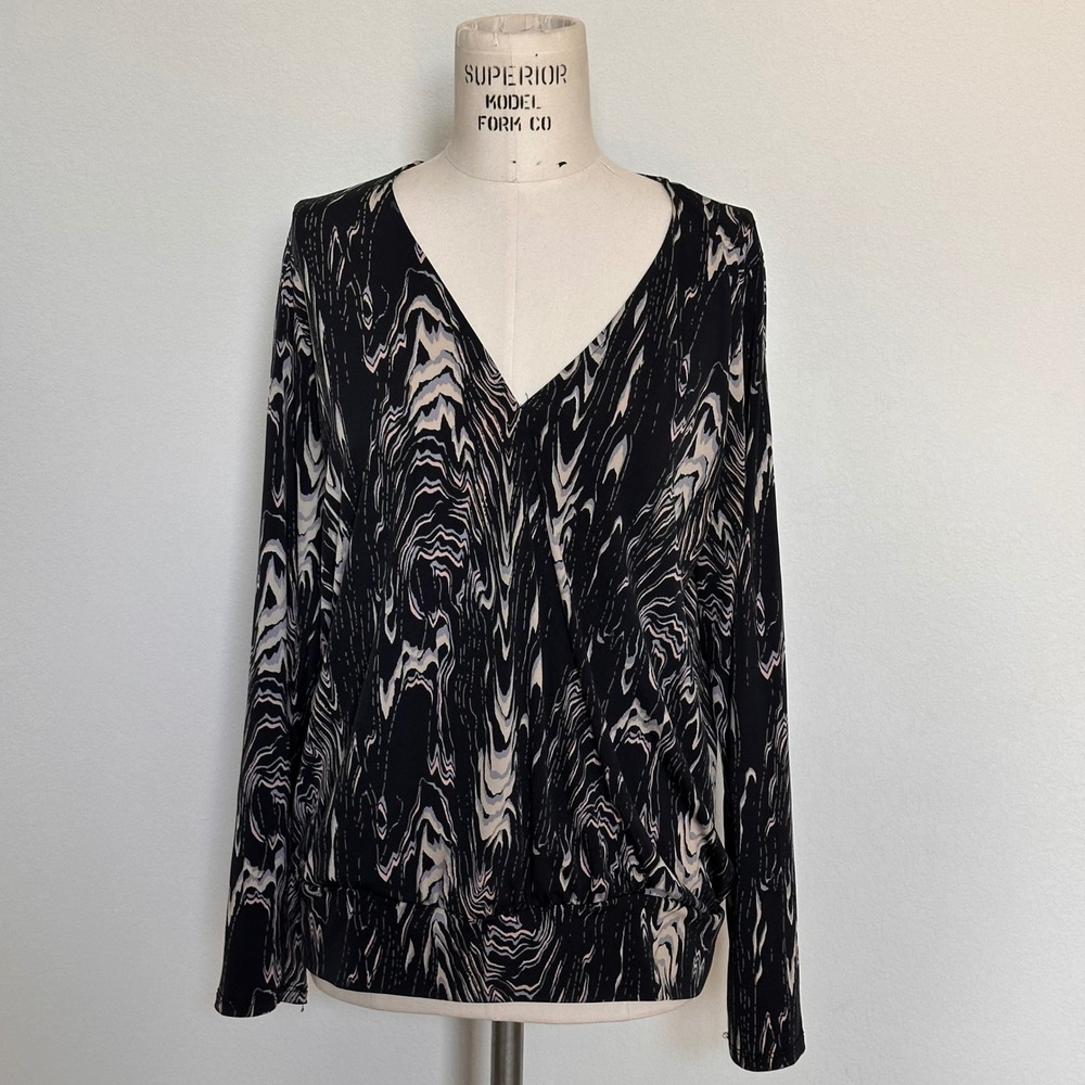 Veronica M Black Tan Marble Print Surplice Faux Wrap Blouse Top TF-1356 Large